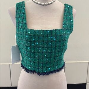 Green Sequin Tweed Crop Top